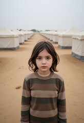 Young girl standing in a dusty camp with rows of tents extending into the distance