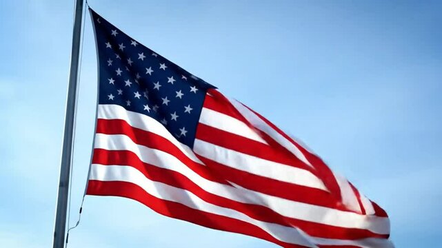 USA Flag waving Fourth of July Spirit, American waving flag on pole, animation 4k video