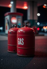 Two red gas cylinders labeled GAS stand on asphalt at night container fuel
