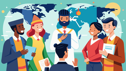 A group of people are gathered around a man who is holding a book. The man is a priest and the people are of different races and cultures. Concept of unity and diversity