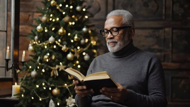African american black elderly man enjoys reading a book while seated comfortably next to a beautifully decorated Christmas tree. Soft candlelight adds warmth to the festive atmosphere in the room