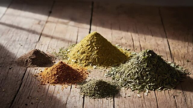 Zaatar spices, freshly ground and sprinkled on a plate, vibrant green and earthy texture, rustic wooden table with soft light highlighting the spices
