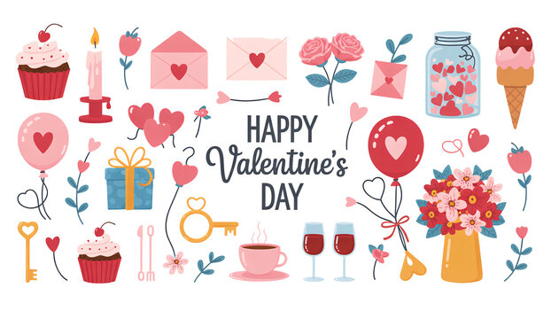 Valentine's Day vector graphic features hearts, roses, cupcakes, balloons, keys and other love related elements against a transparent background.