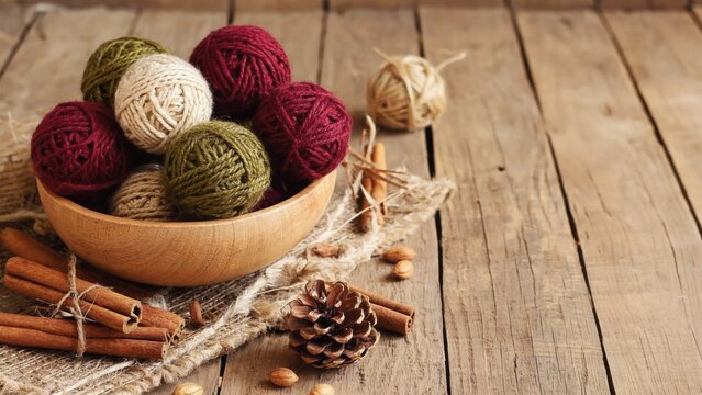 A wooden bowl filled with vibrant yarn balls sits on a rustic wooden table, surrounded by cinnamon sticks, pine cones, and scattered nuts, evoking a warm, inviting atmosphere