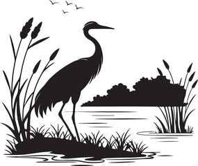 Heron or Crane Silhouette in Wetlands – serene and elegant vector art