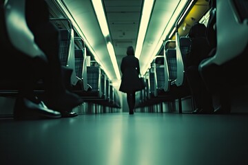 Woman walking down a train aisle
