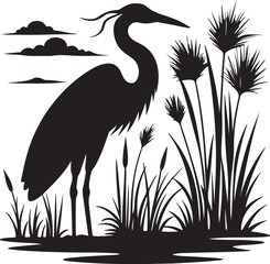 Heron or Crane Silhouette in Wetlands – serene and elegant vector art