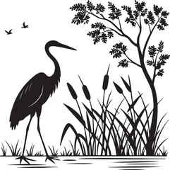 Heron or Crane Silhouette in Wetlands – serene and elegant
