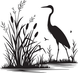 Heron or Crane Silhouette in Wetlands – serene and elegant