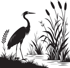 Heron or Crane Silhouette in Wetlands – serene and elegant