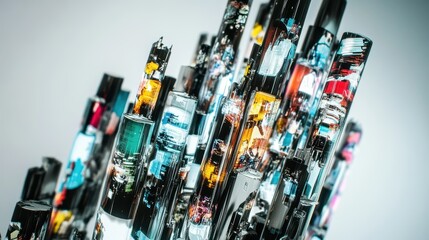 Abstract cityscape composed of multi-coloured cylindrical forms.