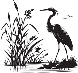 Heron or Crane Silhouette in Wetlands – serene and elegant