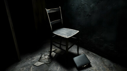 Aged wooden chair and briefcase in dimly lit room.  A weathered chair sits in a corner of a dark, gritty room. A briefcase rests nearby, adding to the sense of mystery and potential intrigue