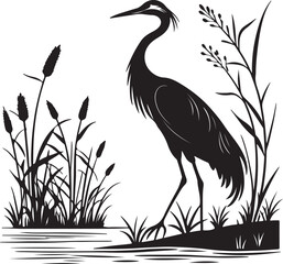 Heron or Crane Silhouette in Wetlands – serene and elegant