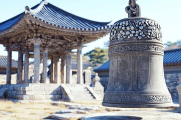 Fototapeta premium Ornate Bell Decorated with Chrysanthemum Pattern at Traditional Temple Structure