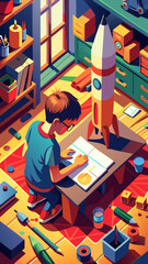 A boy is sitting on the floor and building a rocket. The scene is colorful and playful, with various toys and art supplies scattered around the boy