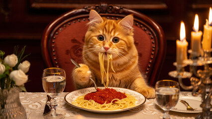 Funny ginger cat eating spaghetti with fork sitting at elegant dinner table humorous animal concept