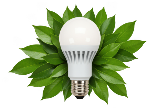 Bright led light bulb surrounded by vibrant green leaves isolated on transparent background
