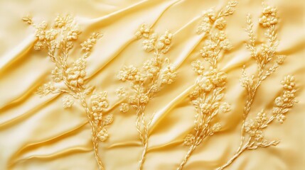 Delicate floral embroidery on a pale gold fabric.