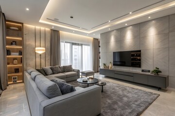 An inviting living room featuring a contemporary white sectional sofa positioned in front of a neutral-toned wall