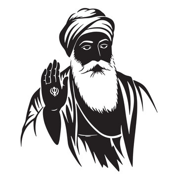 Silhouette illustration of guru nanak dev ji a founder of sikhism in black and white