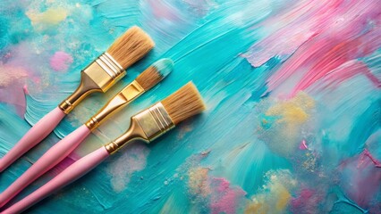 Obraz premium Artistic paintbrushes resting on a vibrant, textured canvas featuring swirling hues of teal, pink, and gold