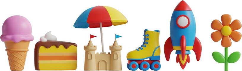 Pink ice cream cone layered cake sandcastle with umbrella roller skate rocket and flower transparent background