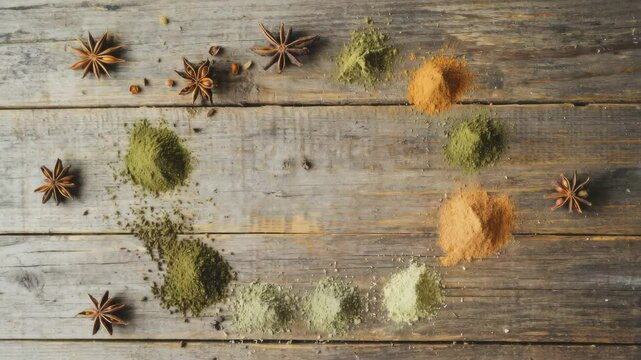 Zaatar spices, freshly ground and sprinkled on a plate, vibrant green and earthy texture, rustic wooden table
