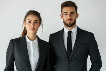 Confident business professionals in formal wear, showcasing professionalism and success.