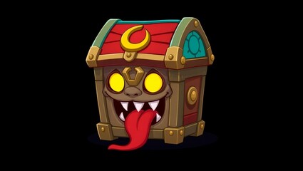 Cartoon illustration of a treasure chest with a monster face, glowing eyes, and a sticking out tongue.