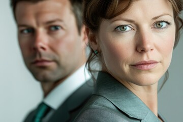 Fototapeta premium A business man and woman stand shoulder to shoulder, portraying teamwork and collaboration in the corporate world.
