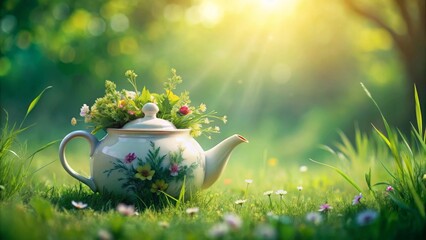 A teapot brimming with wildflowers rests serenely in a sun-drenched meadow, a picturesque scene of springtime tranquility.