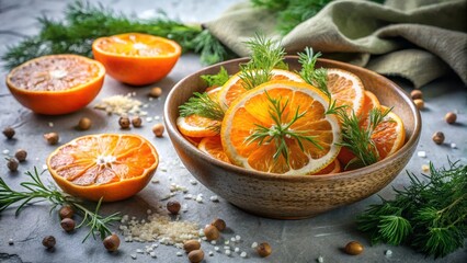 Aromatic citrus fruit slices arranged artfully in a rustic wooden bowl, garnished with fresh herbs and scattered spices