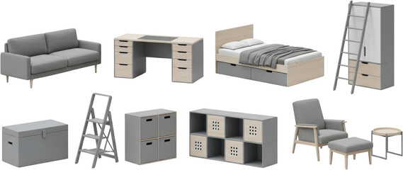 Collection of modern furniture pieces including a sofa desk bed wardrobe armchair with ottoman and storage units isolate