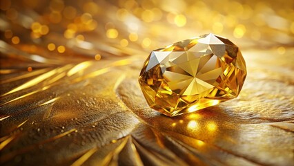 A Gleaming Golden Gemstone Rests Upon a Luxurious Textured Surface, Illuminated by Soft Ambient Lighting