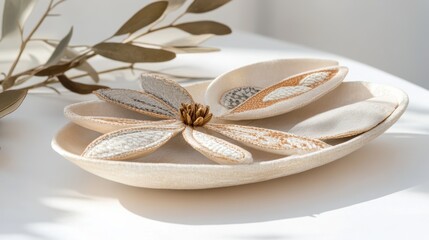 Embroidered magnolia flower on a cream-colored dish.