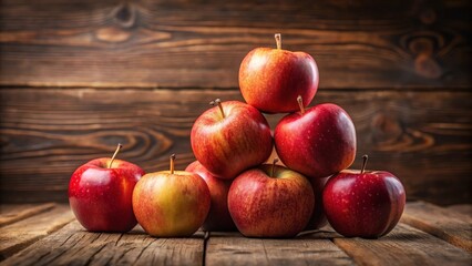A pyramid of ripe, red apples rests on a rustic wooden surface