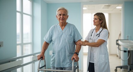 Fototapeta premium An elderly man using a walker with a doctor assisting him in a hospital hallway with natural light