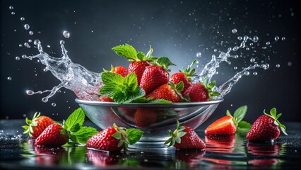 Refreshing Juicy Strawberries in a Metal Bowl with a Splash of Water and Fresh Mint Leaves