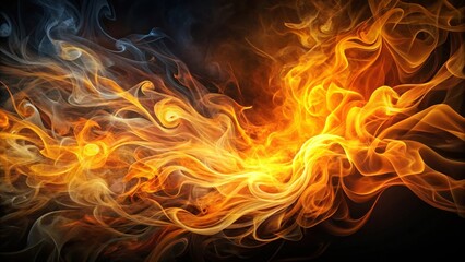 Abstract Fiery Swirls and Smoke A Dynamic Composition of Intense Orange and Yellow Flames Intermingling with Wisps of Gray Smoke on a Dark Background