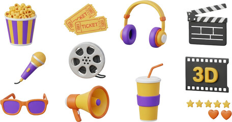 Movie elements popcorn tickets headphones clapperboard microphone film reel drink 3D film glasses megaphone stars hearts transparent background