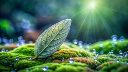 A single dew-kissed leaf rests gently on a bed of vibrant green moss, bathed in the soft glow of sunlight, a serene scene of natural beauty and tranquility.