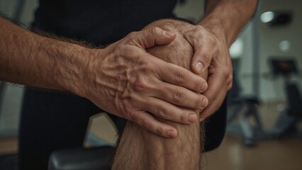 Man holding his knee with both hands in a gym setting showcasing potential discomfort or injury
