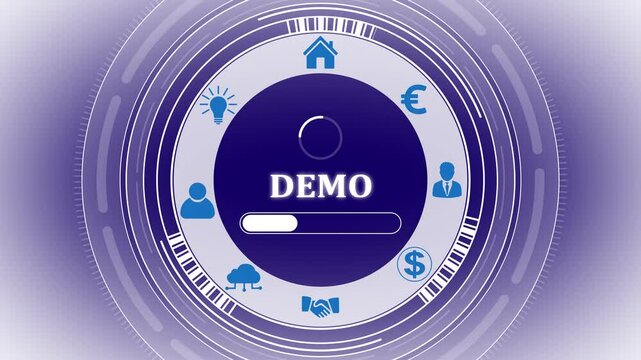 A Demo button on a clear projection ,Blue wave digital data flow. Seamless loop technology network background concept . Futuristic digital technology animated background concept.