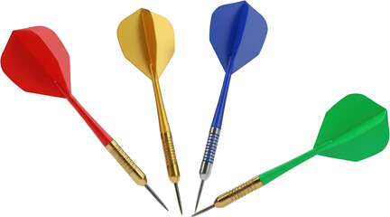 Four colorful darts red gold blue and green arranged for gameplay sport transparent background