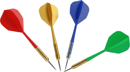 Four colorful darts red gold blue and green arranged for gameplay sport transparent background