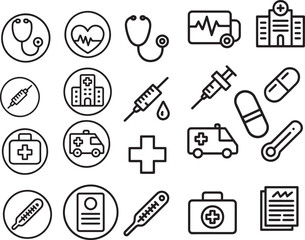 Medical Icons Collection Featuring Stethoscope Heartbeat E C G Ambulance Hospital Syringe Pills Thermometer and
