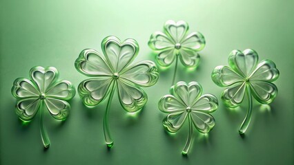 Five iridescent four-leaf clovers arranged on a verdant background.  A springtime celebration of luck and good fortune.