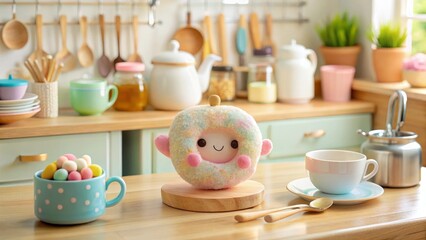 Pastel-colored confectionery character sitting on a kitchen counter near a teacup and pastel-colored sweets in a mug