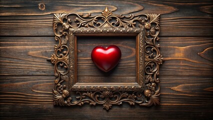 Ornate Antique Frame Encloses a Vivid Red Heart on Dark Wood Background